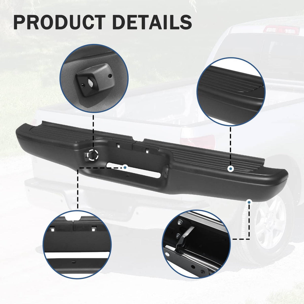 Black rear step bumper assembly close-up showing underside mounting points