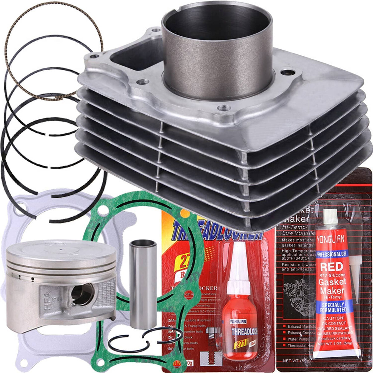 Silver cylinder block and piston with piston rings and green gasket included in rebuild kit