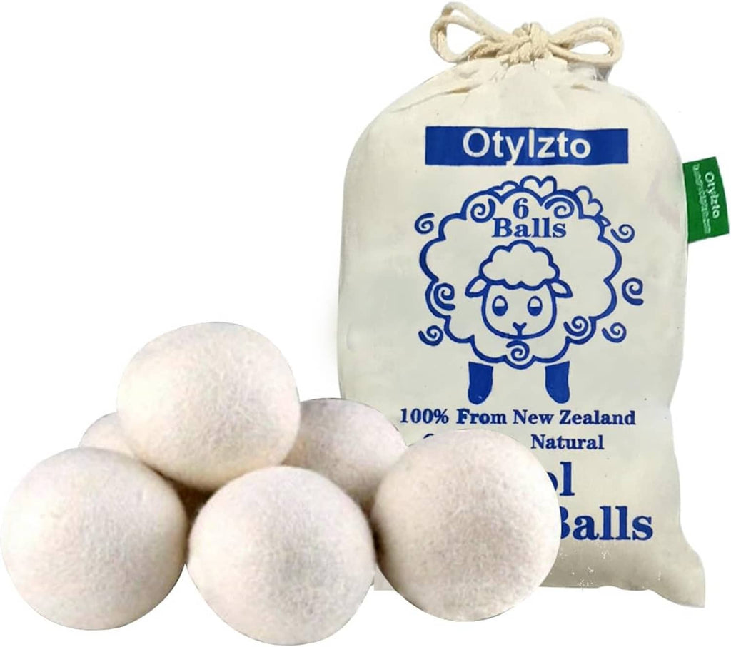 Otylzto 6-pack wool dryer balls with beige felt spheres and drawstring pouch