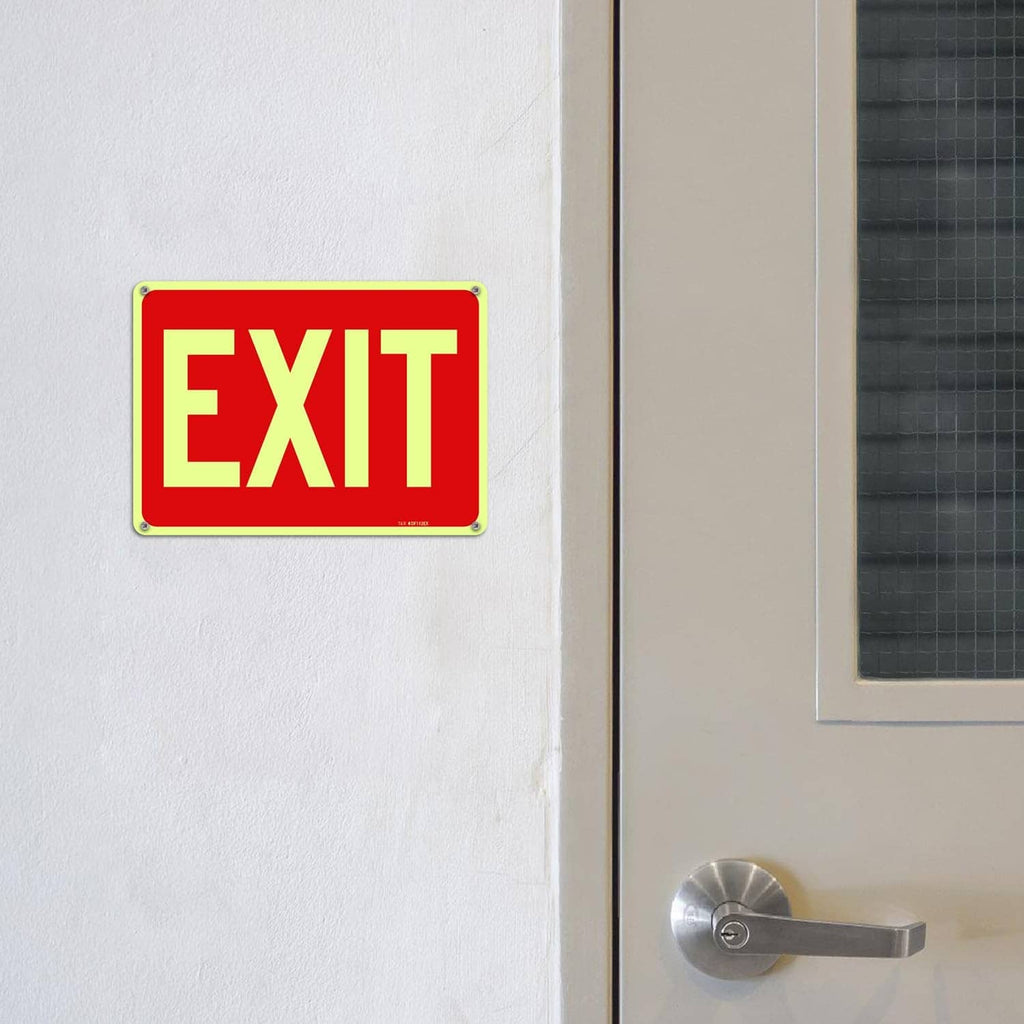 Red EXIT sign on wall near door, yellow EXIT letters with green border
