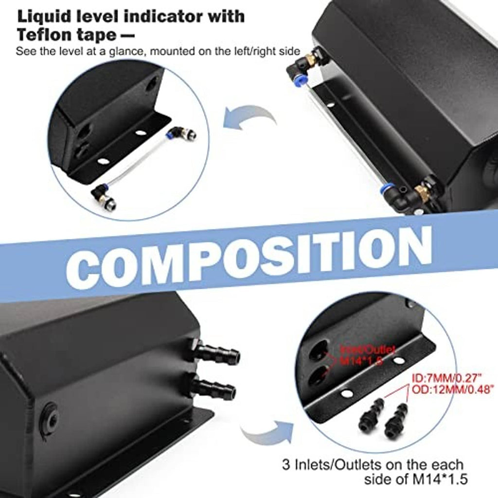 Black 2L coolant overflow tank with liquid level indicator and side hose connections