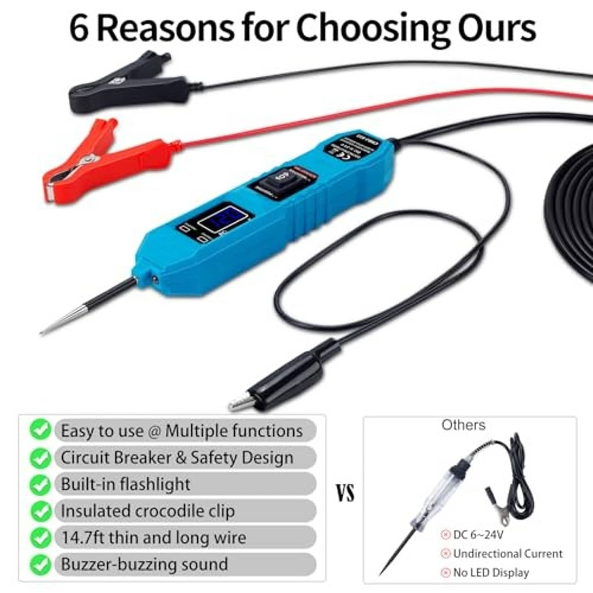 Automotive test probe tester with blue body, long insulated leads, and red/black clips