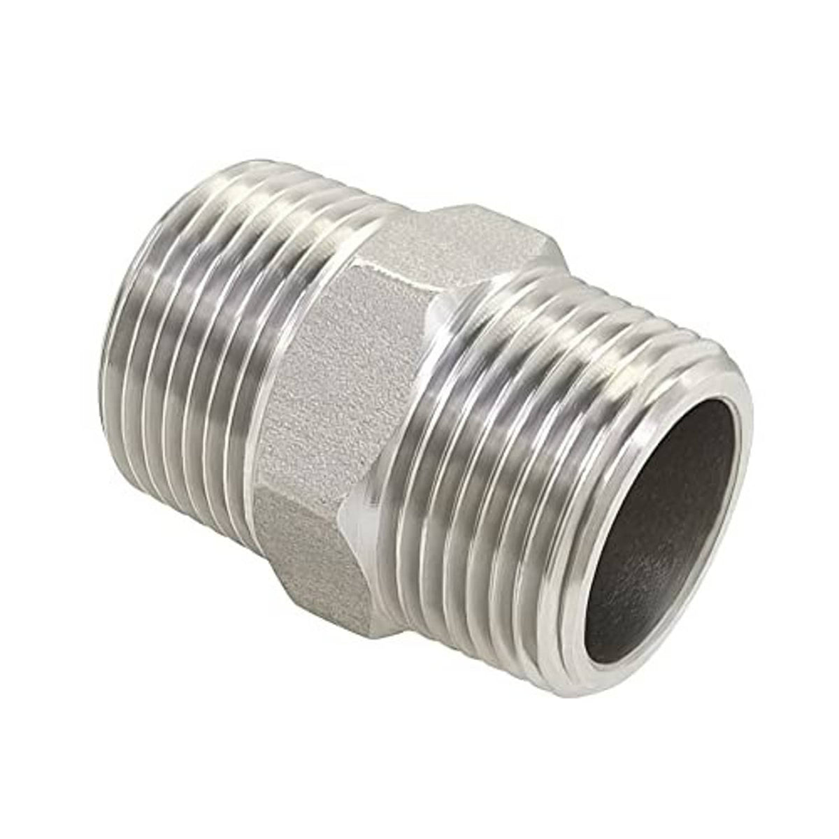 Stainless steel male NPT hex nipple fitting, side view showing dark threaded bores