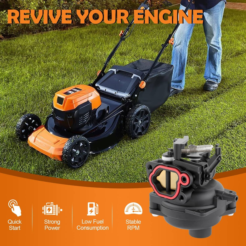 Carburetor on a black mower engine housing with orange and black deck