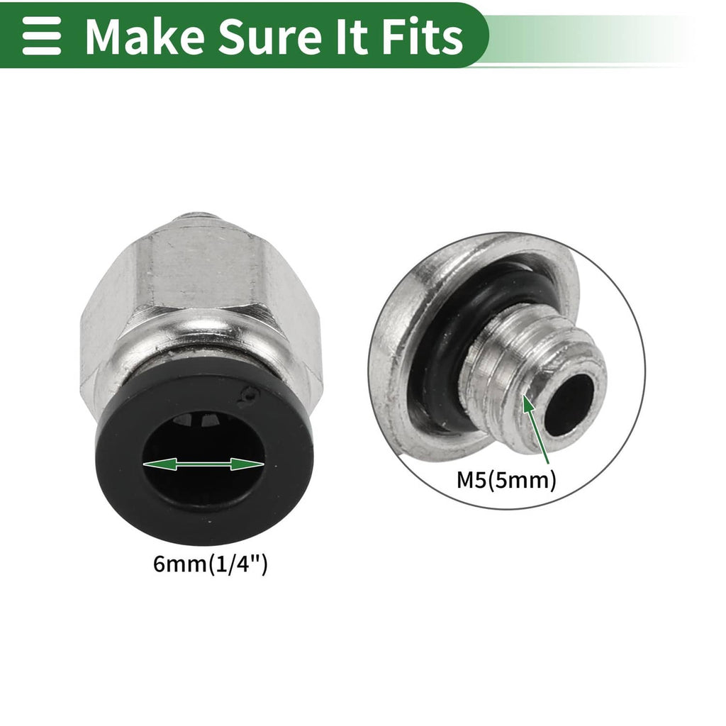 Push-to-connect air fitting close-up with black port, 6mm and M5 dimension marks