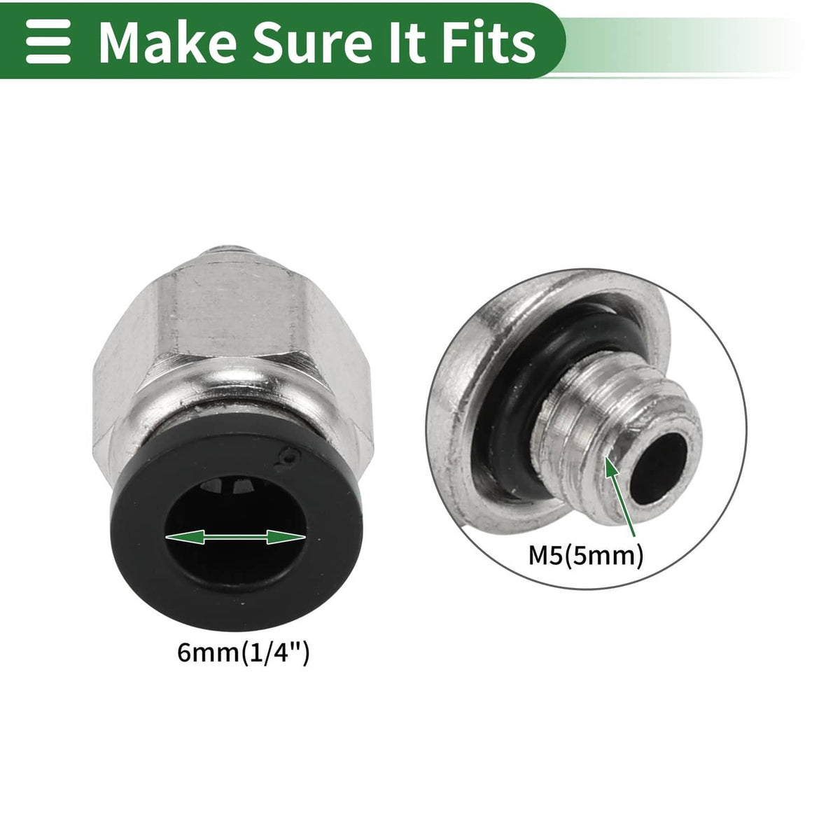 Push-to-connect air fitting close-up with black port, 6mm and M5 dimension marks