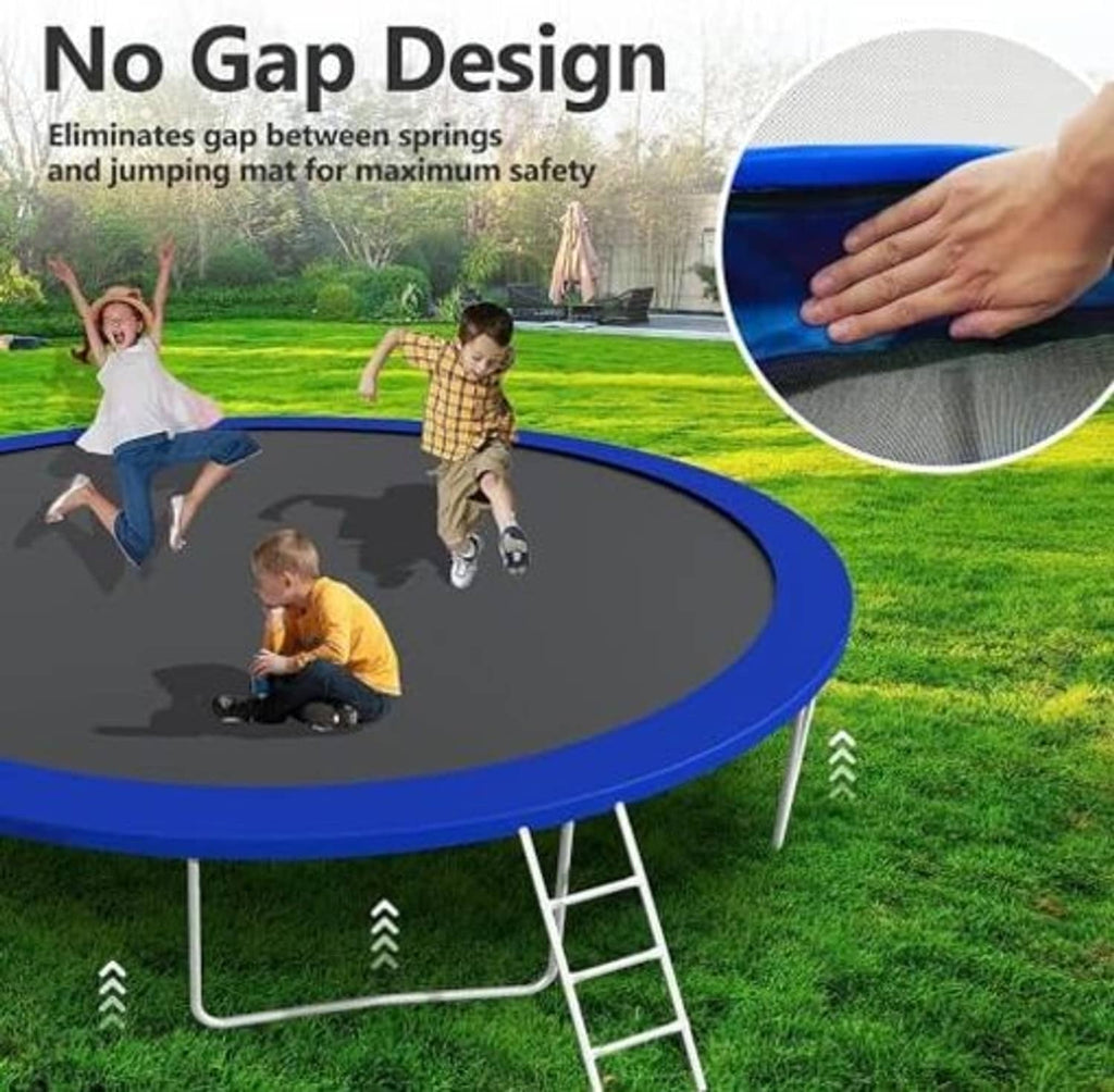 Blue trampoline with covered jumping mat edge and included safety ladder