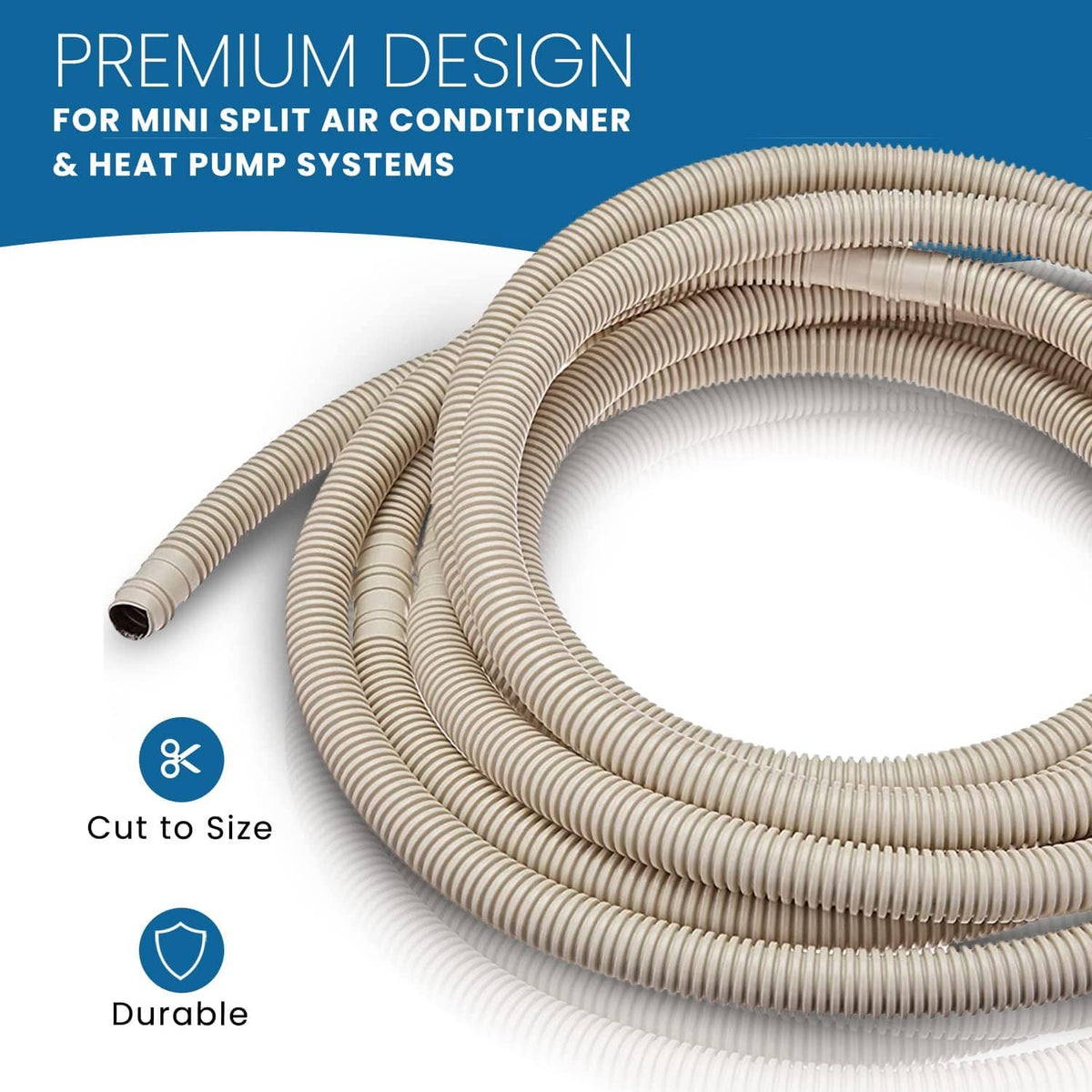 Tan corrugated drain hose coil for mini split systems, durable ribbed flexible tubing
