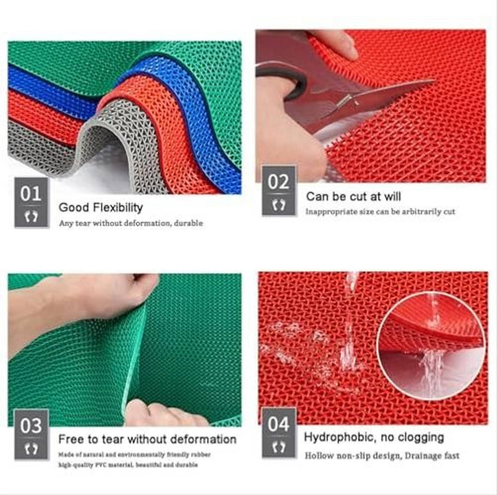 Flexible pool deck mat sample showing curved edges in green and red colors