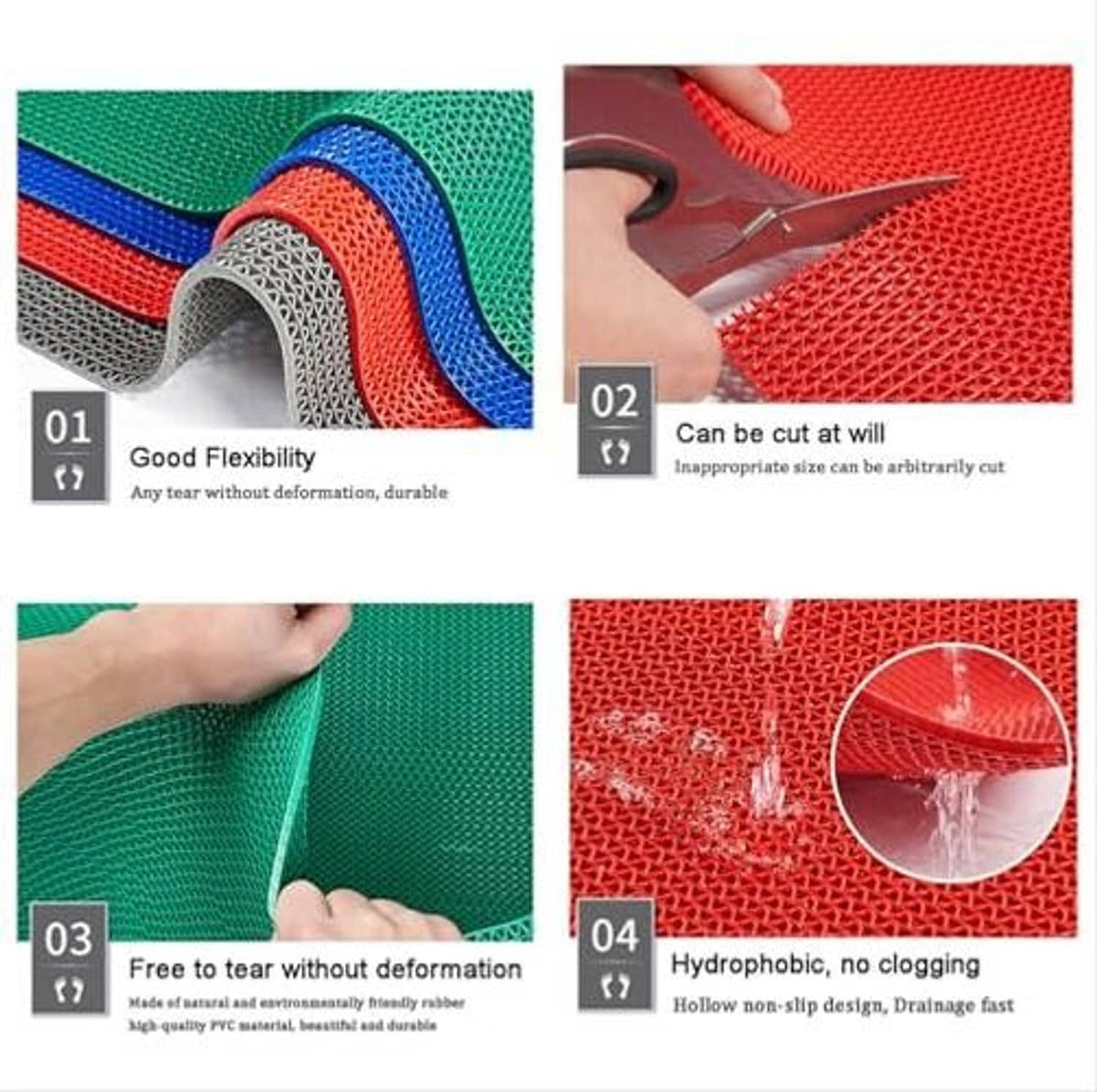 Flexible pool deck mat sample showing curved edges in green and red colors