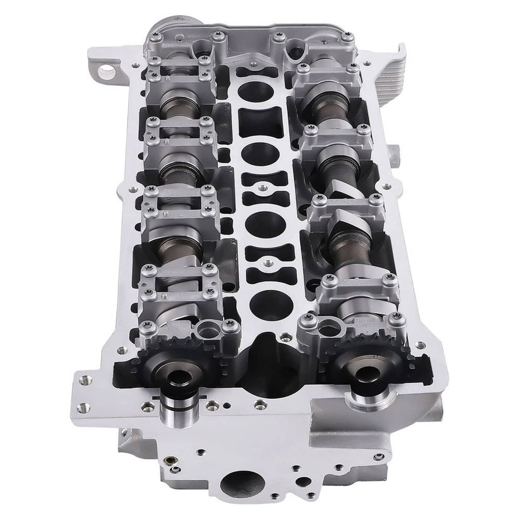 Aluminum cylinder head with valve openings and camshaft lobes, front view