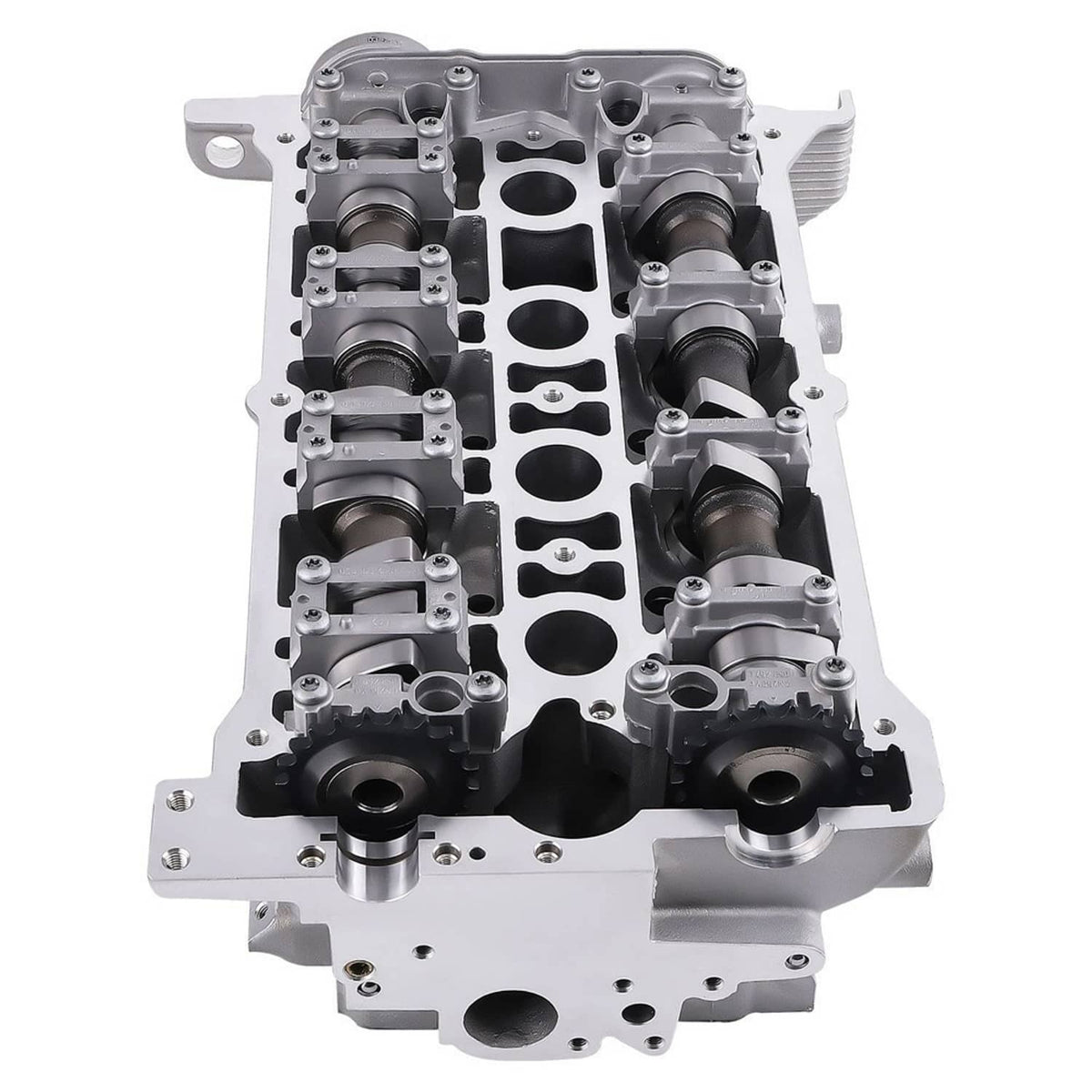 Aluminum cylinder head with valve openings and camshaft lobes, front view