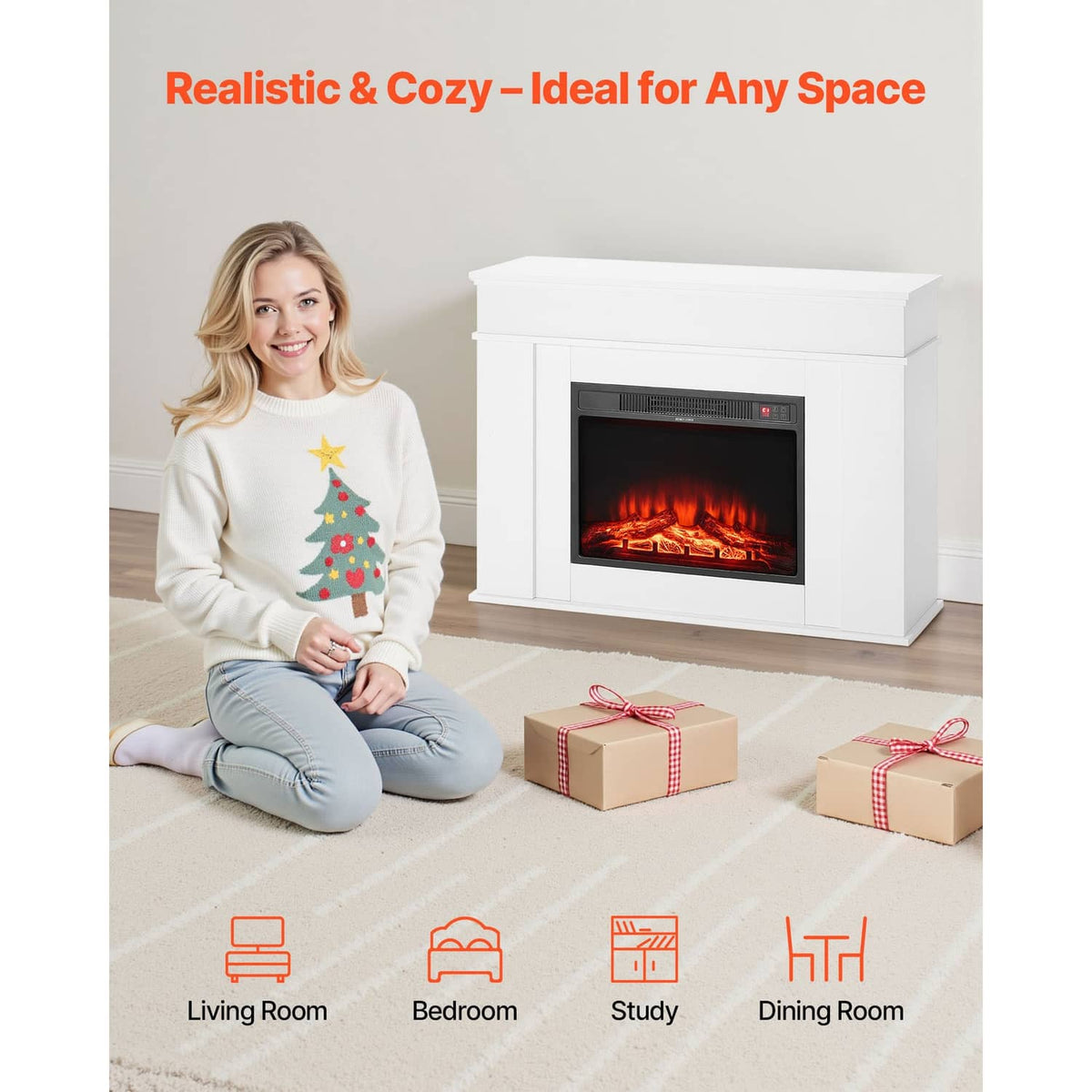 White freestanding electric fireplace heater mantel with red flame display in window