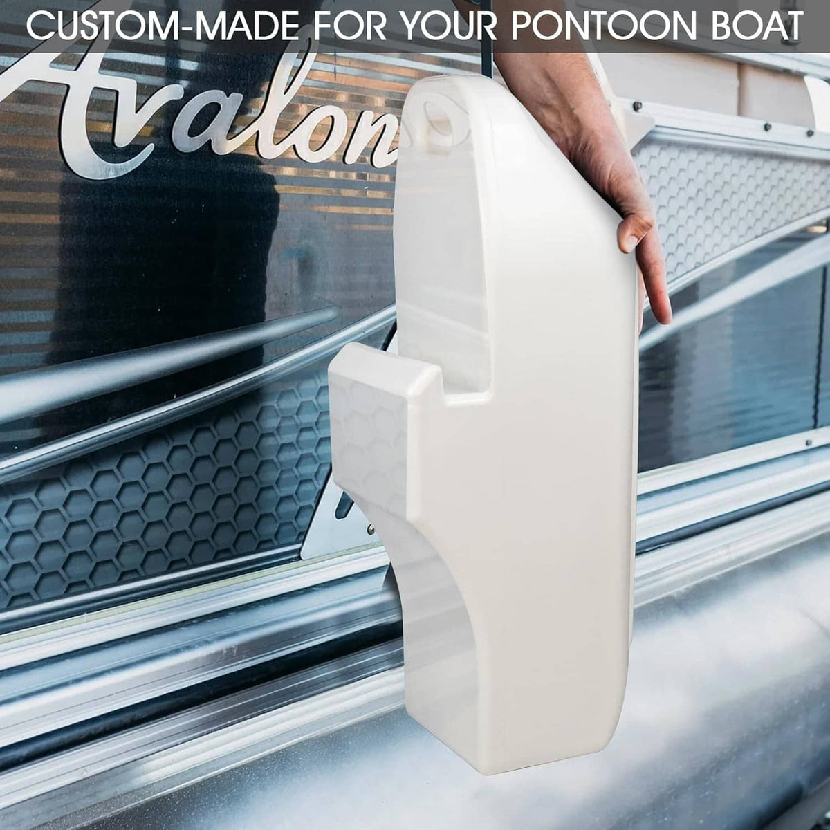 White pontoon fender bumper shown being positioned on the side of a pontoon