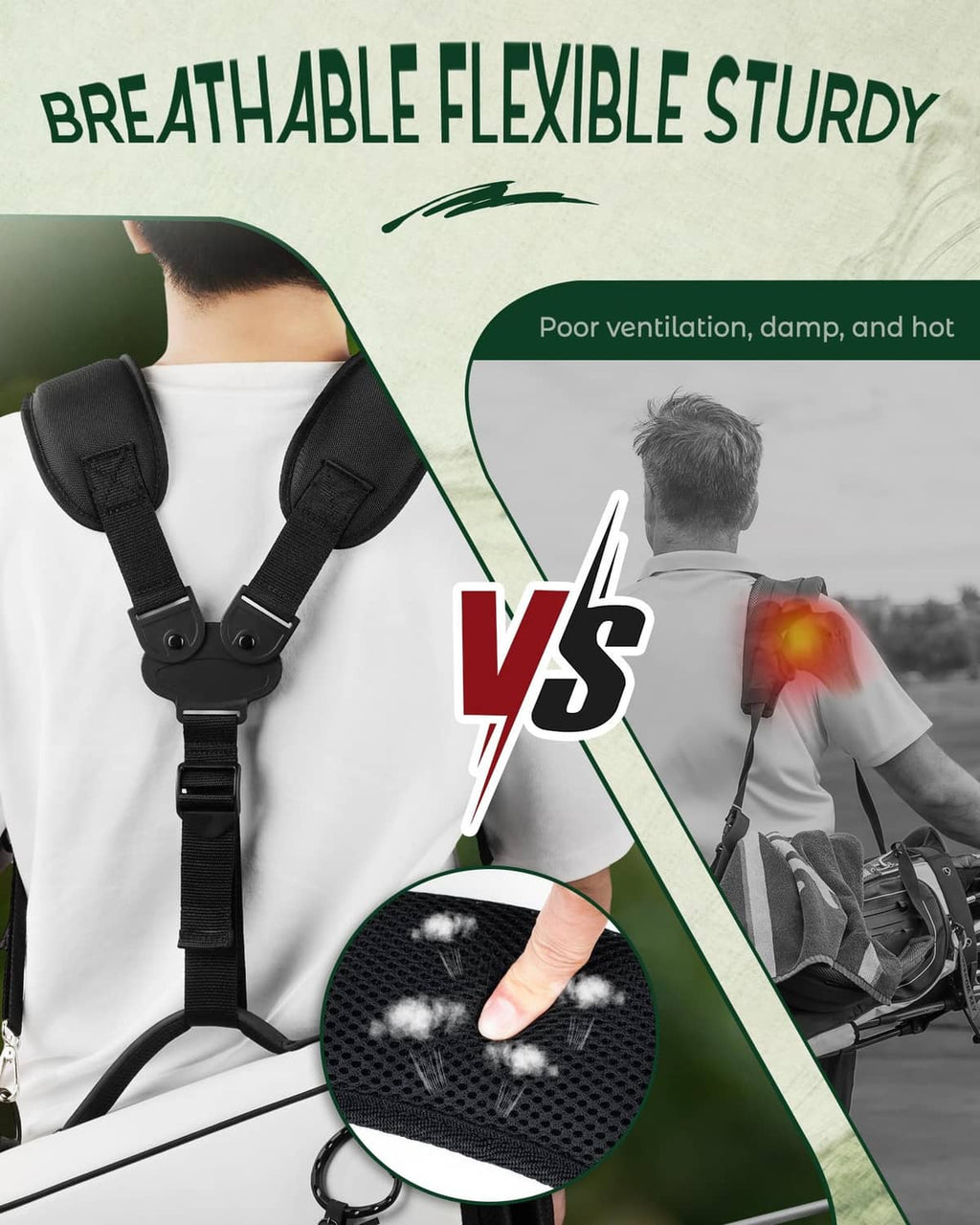 Breathable black double shoulder golf bag strap with mesh comfort padding