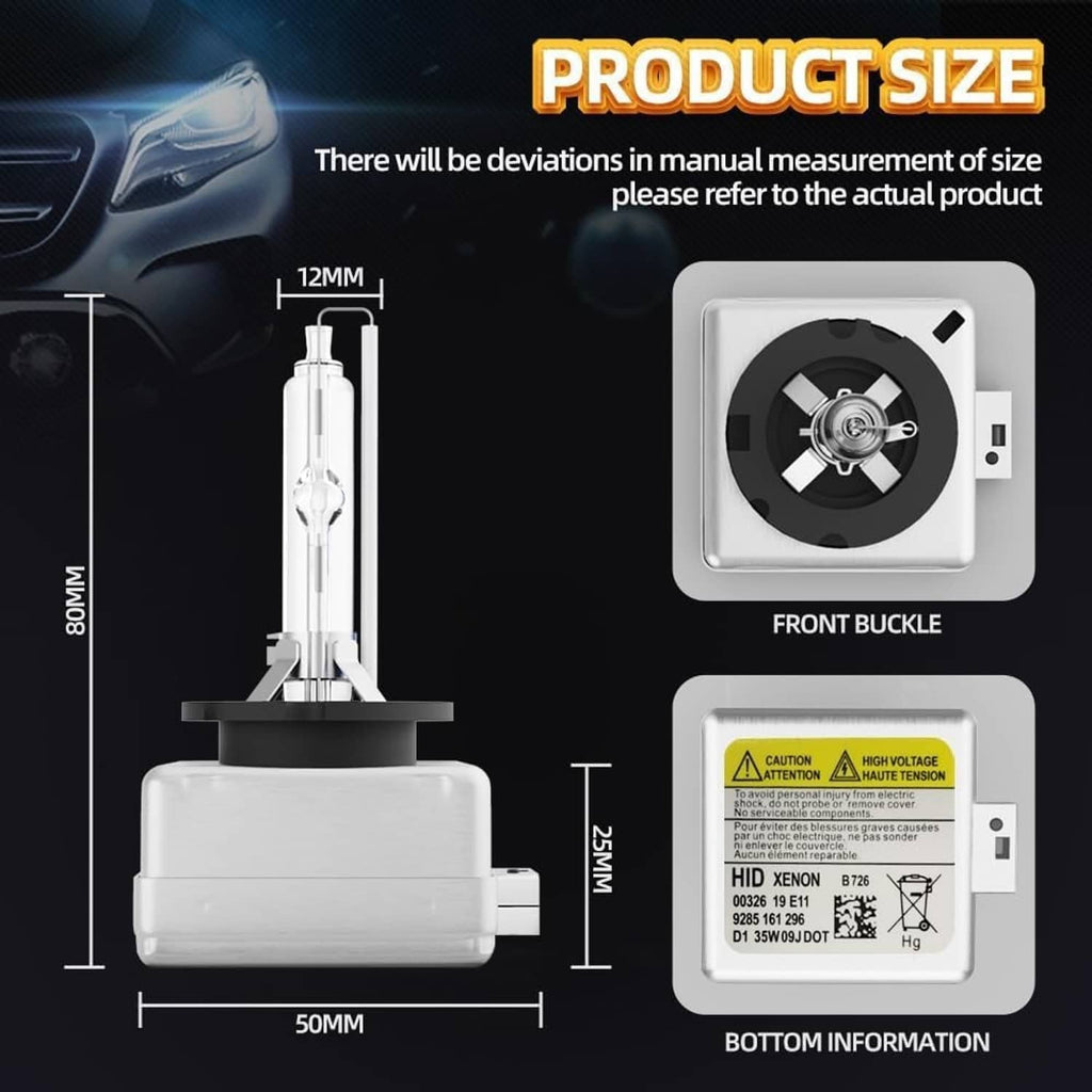 HID headlight bulb size chart showing measurements and base buckle details