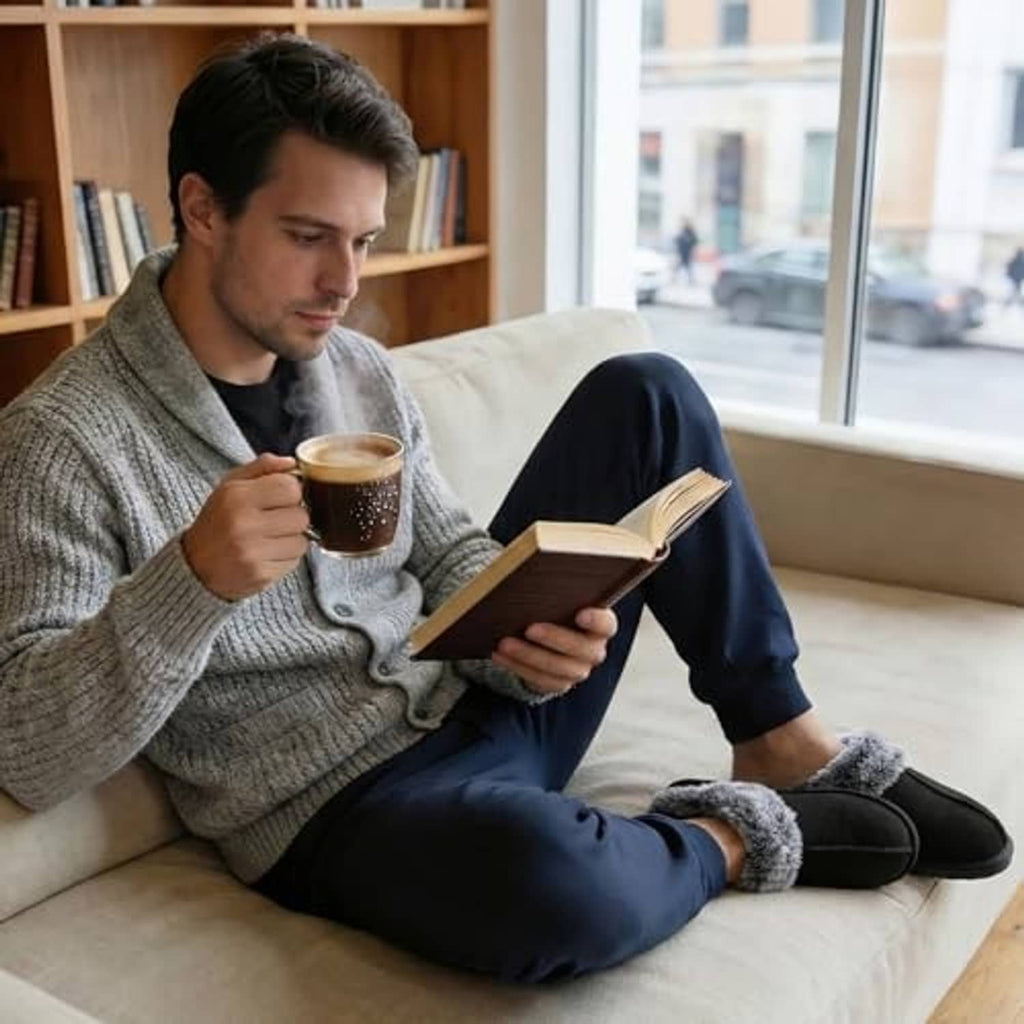 Man wearing black fuzzy-lined slide slippers with gray sherpa cuffs indoors
