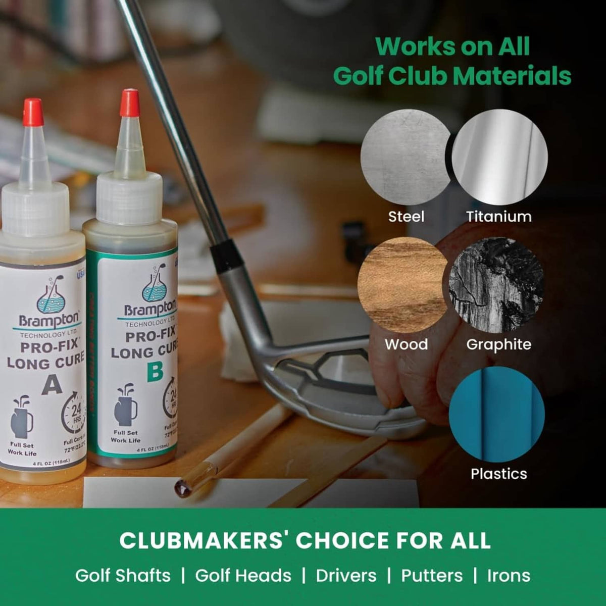 Epoxy bottles for golf club repairs with tips and a materials compatibility chart