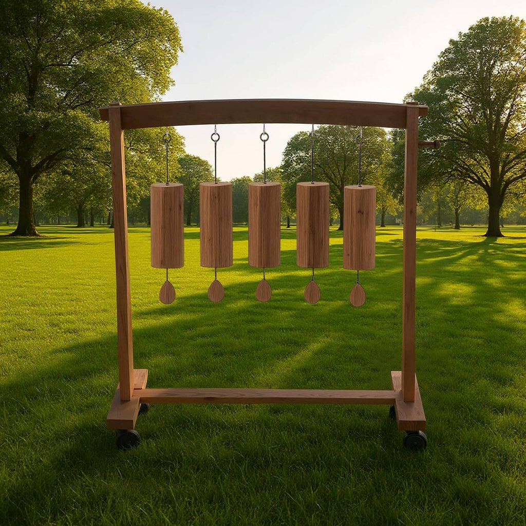 Wood outdoor gong chime stand with hanging chimes, caster wheels base