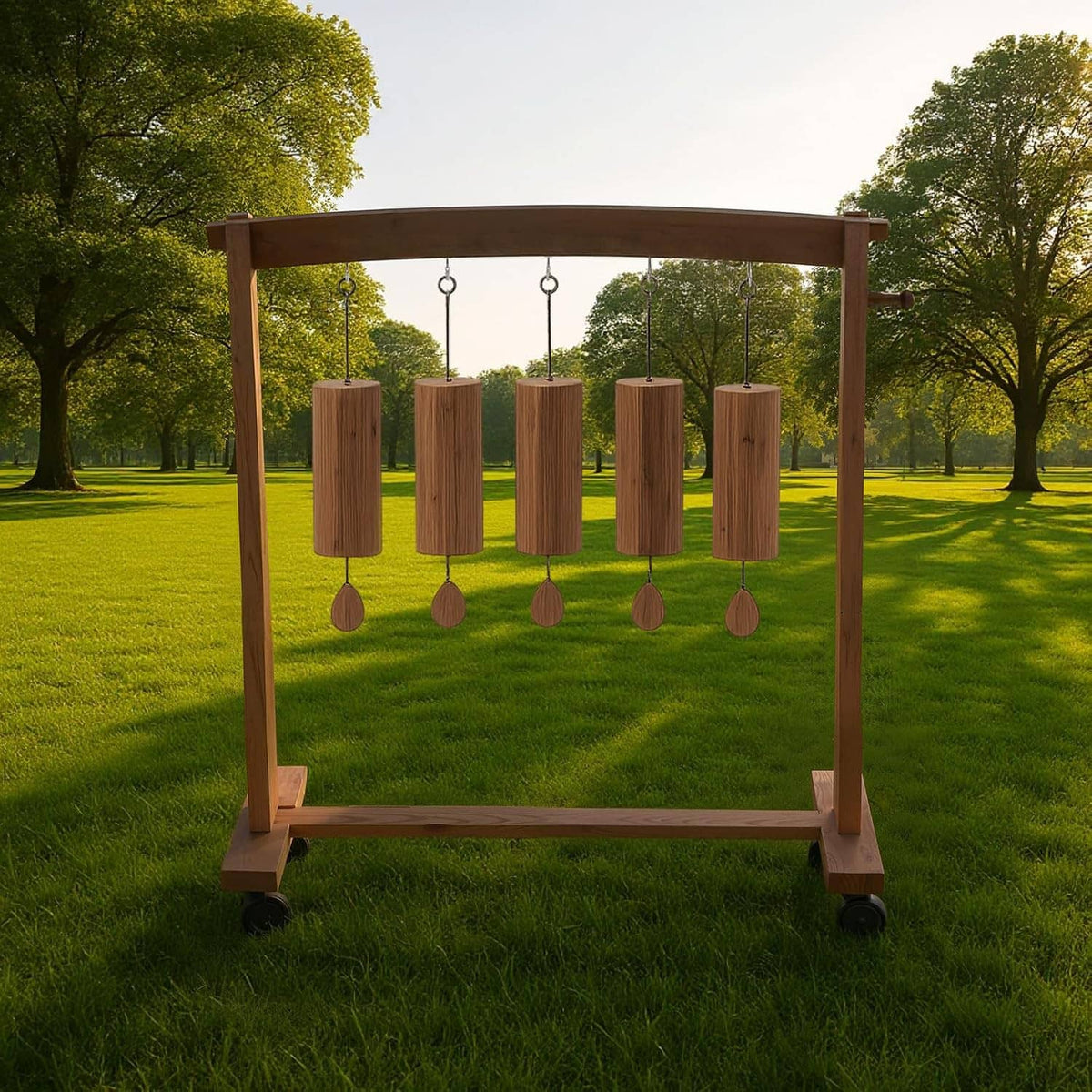 Wood outdoor gong chime stand with hanging chimes, caster wheels base