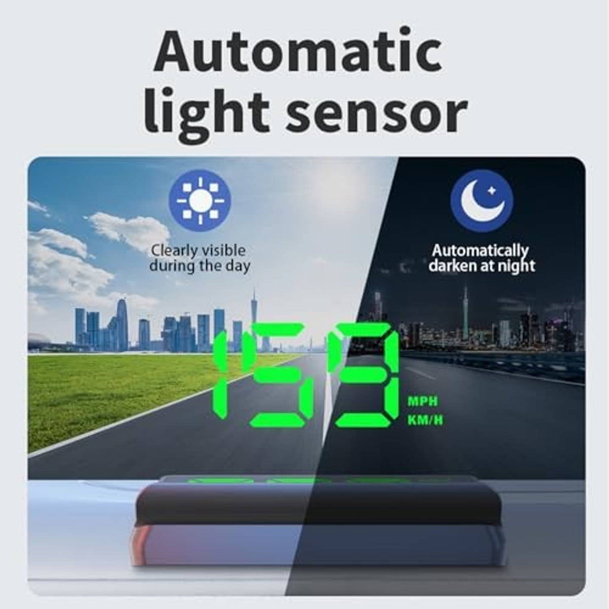Car HUD head-up display with green digital speed readout on dark screen