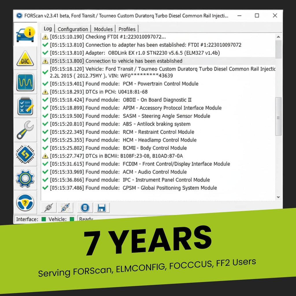 Laptop displaying FORScan module log screen for vehicle diagnostics