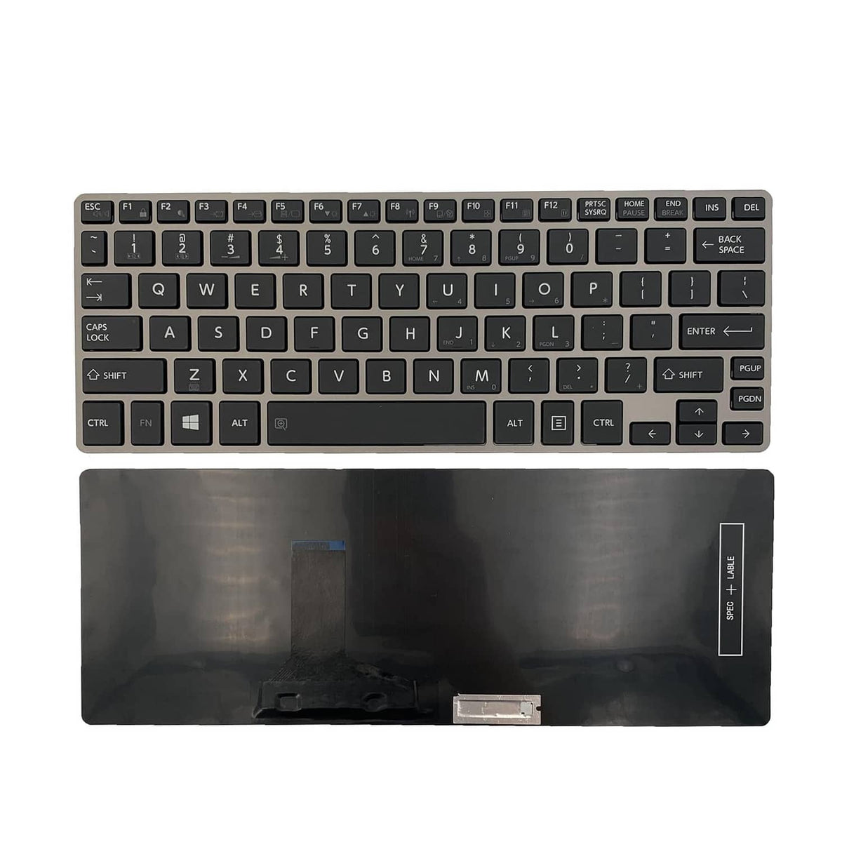 Black laptop replacement keyboard with full key layout and touchpad cutout