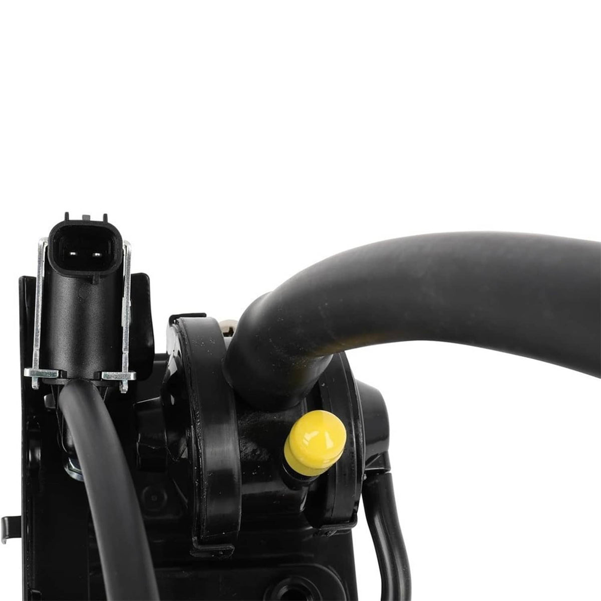 Fuel vapor canister close-up of black valve module with yellow cap and connected hoses