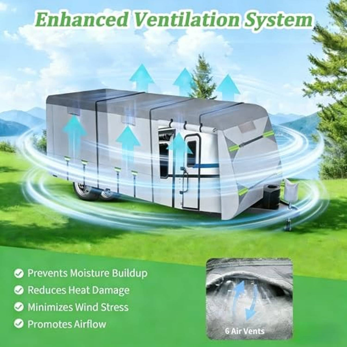 Gray RV cover with ventilation system and side air vents for airflow