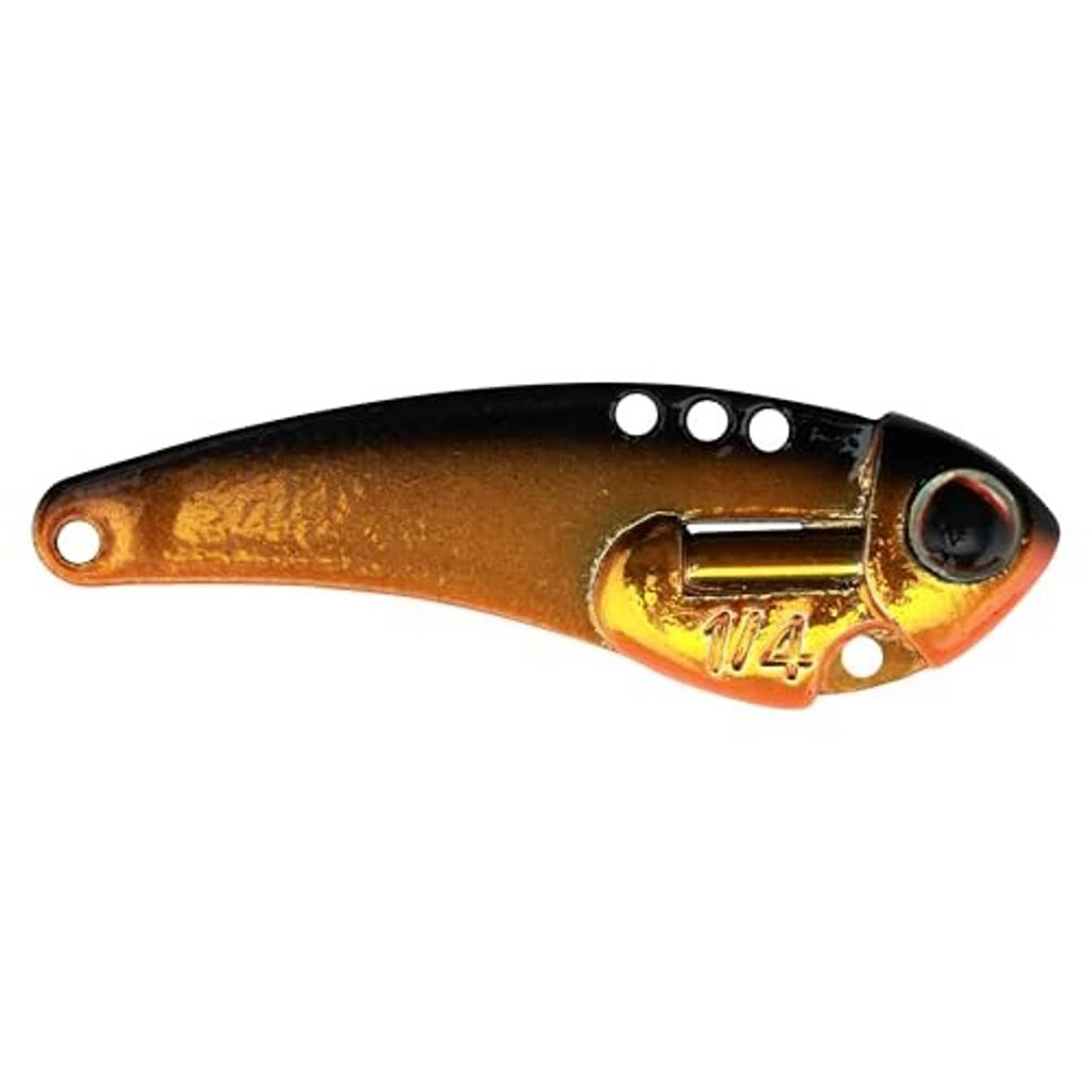 Blade bait fishing lure close-up, bronze and orange metallic finish with treble hooks