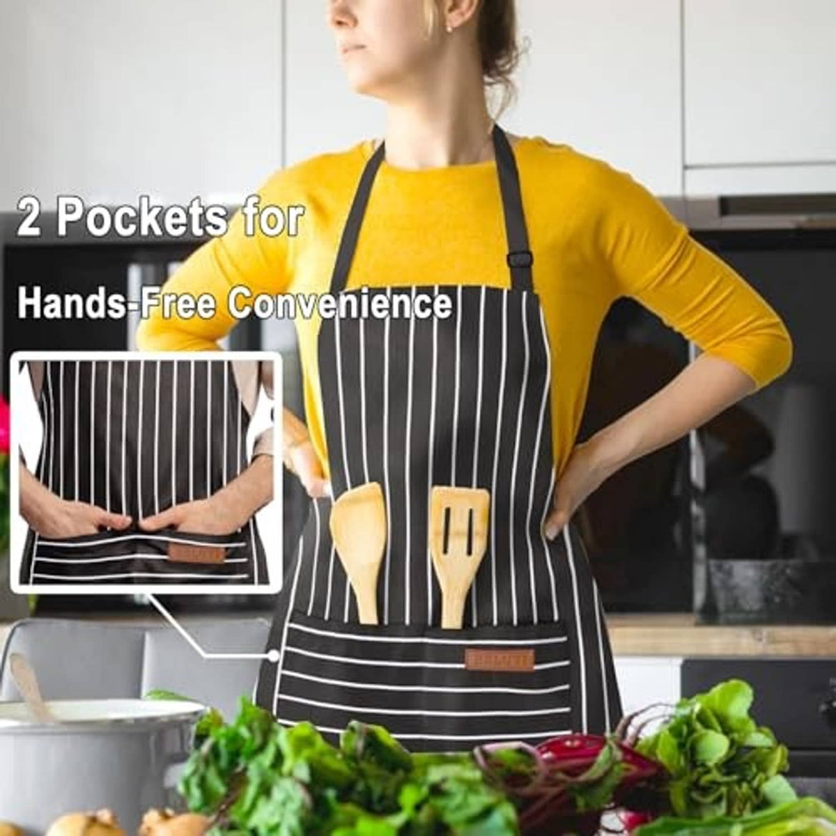 Black striped apron on model with two front pockets holding kitchen tools
