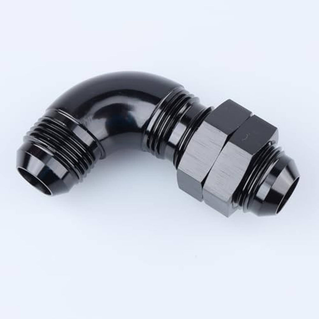 Black AN 90-degree male flare aluminum fitting with threaded ends
