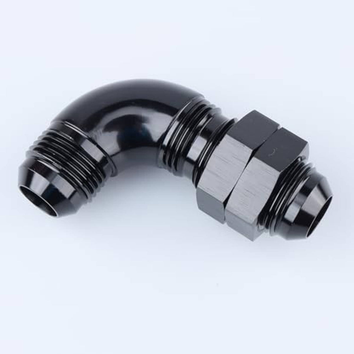 Black AN 90-degree male flare aluminum fitting with threaded ends
