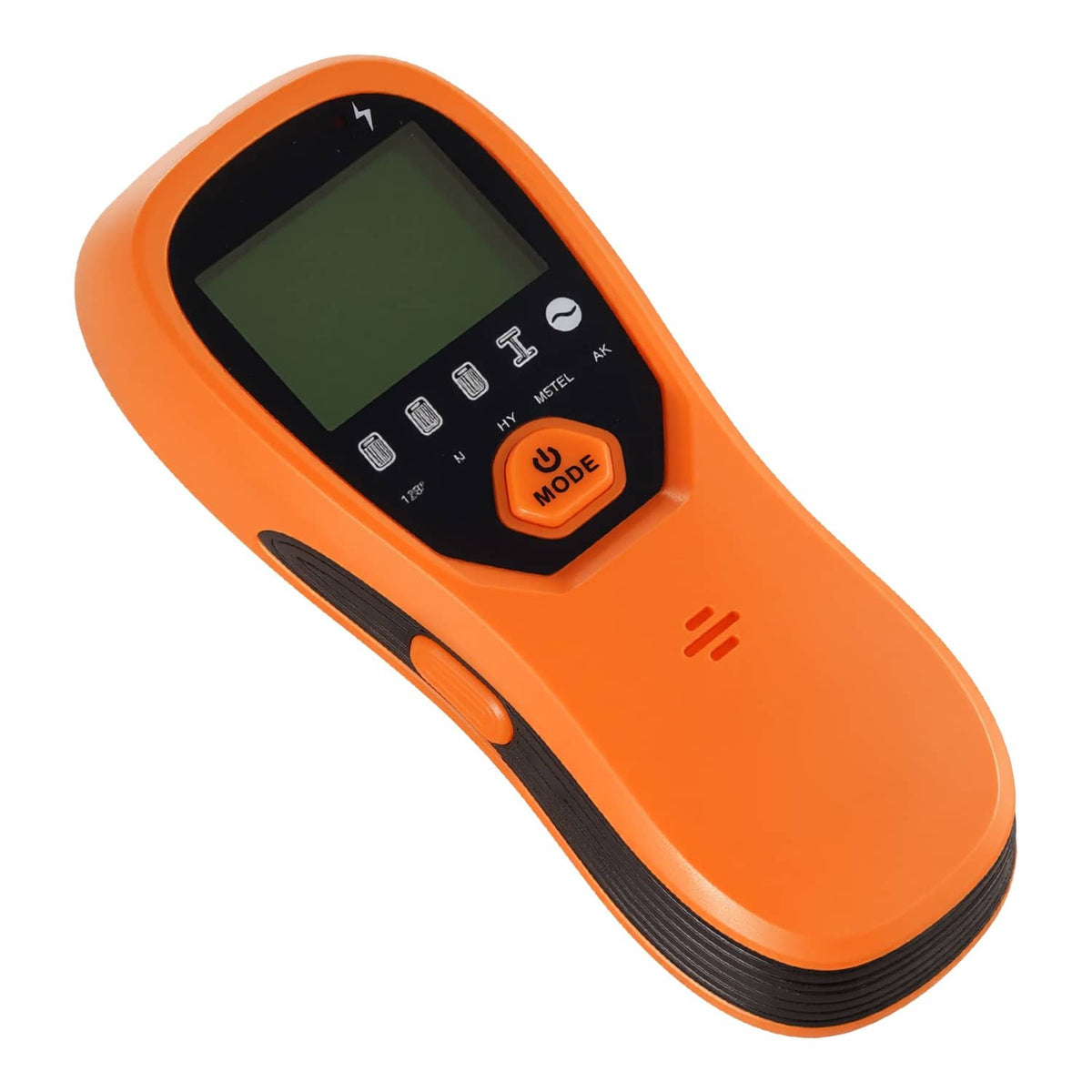 Orange electronic wall scanner with LCD display and mode button