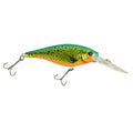 Speckled green crankbait with clear lip and two treble hooks