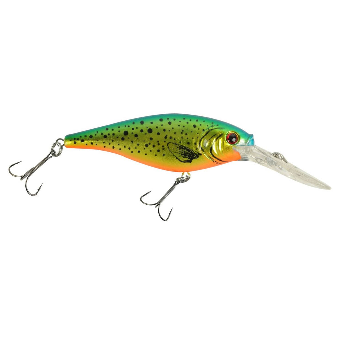 Speckled green crankbait with clear lip and two treble hooks
