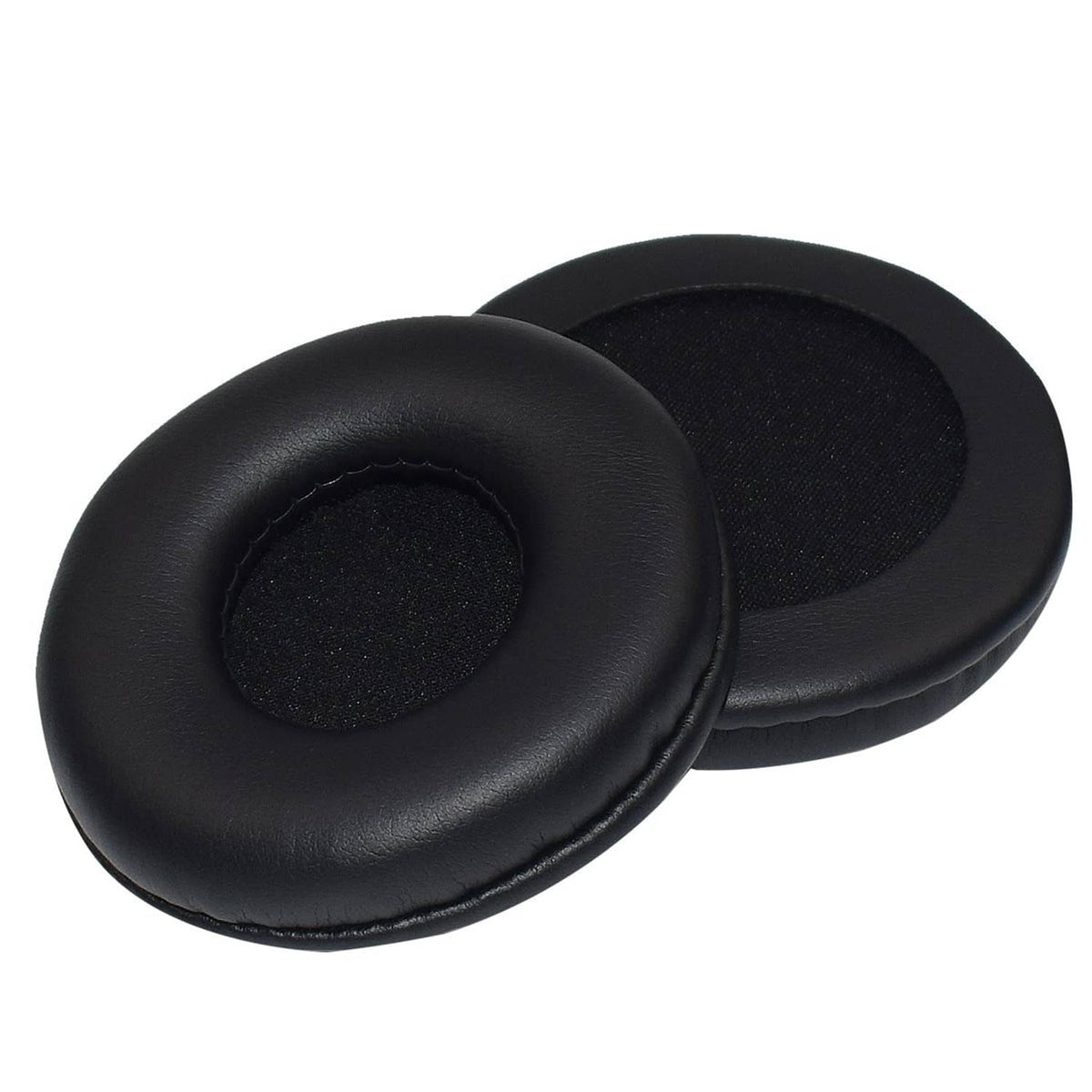 Black ear pad cushion covers, two round pads with foam inserts and seams
