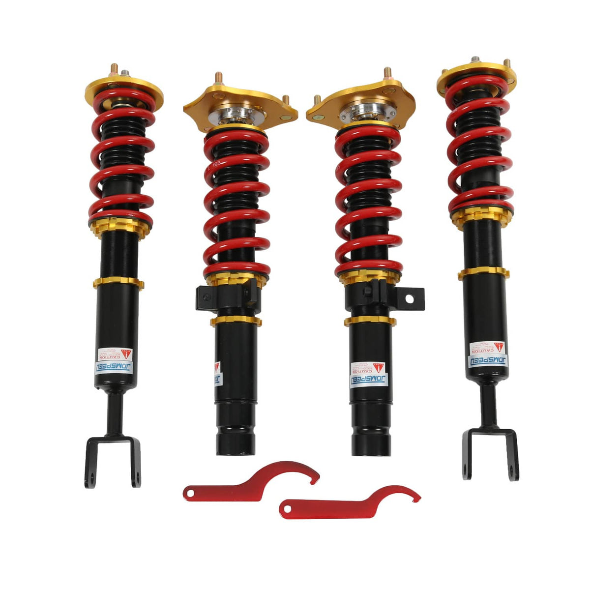 Coilover strut set with red springs and black shock bodies, gold adjustment plates