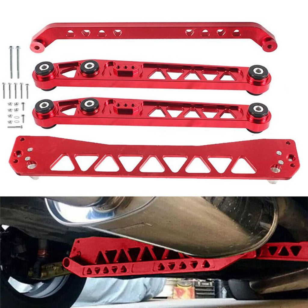 Red billet rear subframe control arm tie bar brace with bushings and mounting bolts