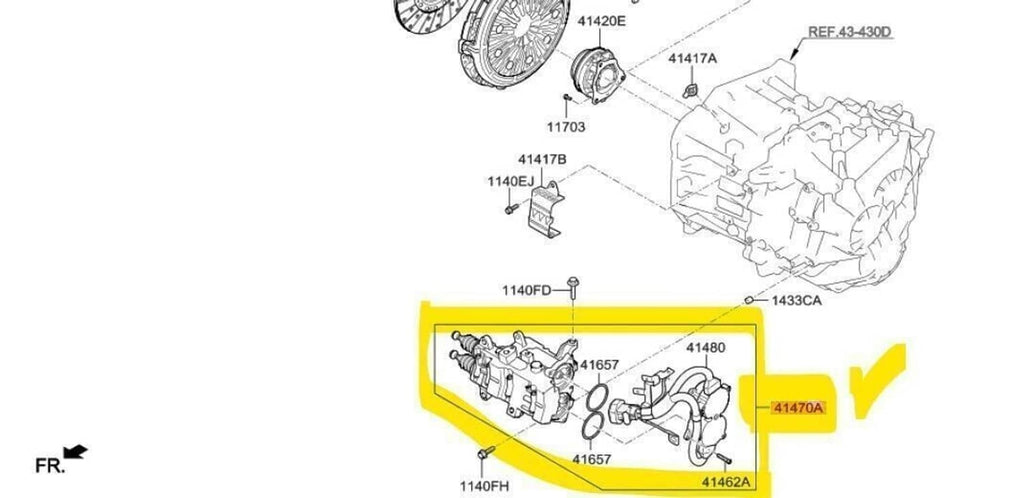 Dual clutch actuator kit installation diagram with highlighted transmission section