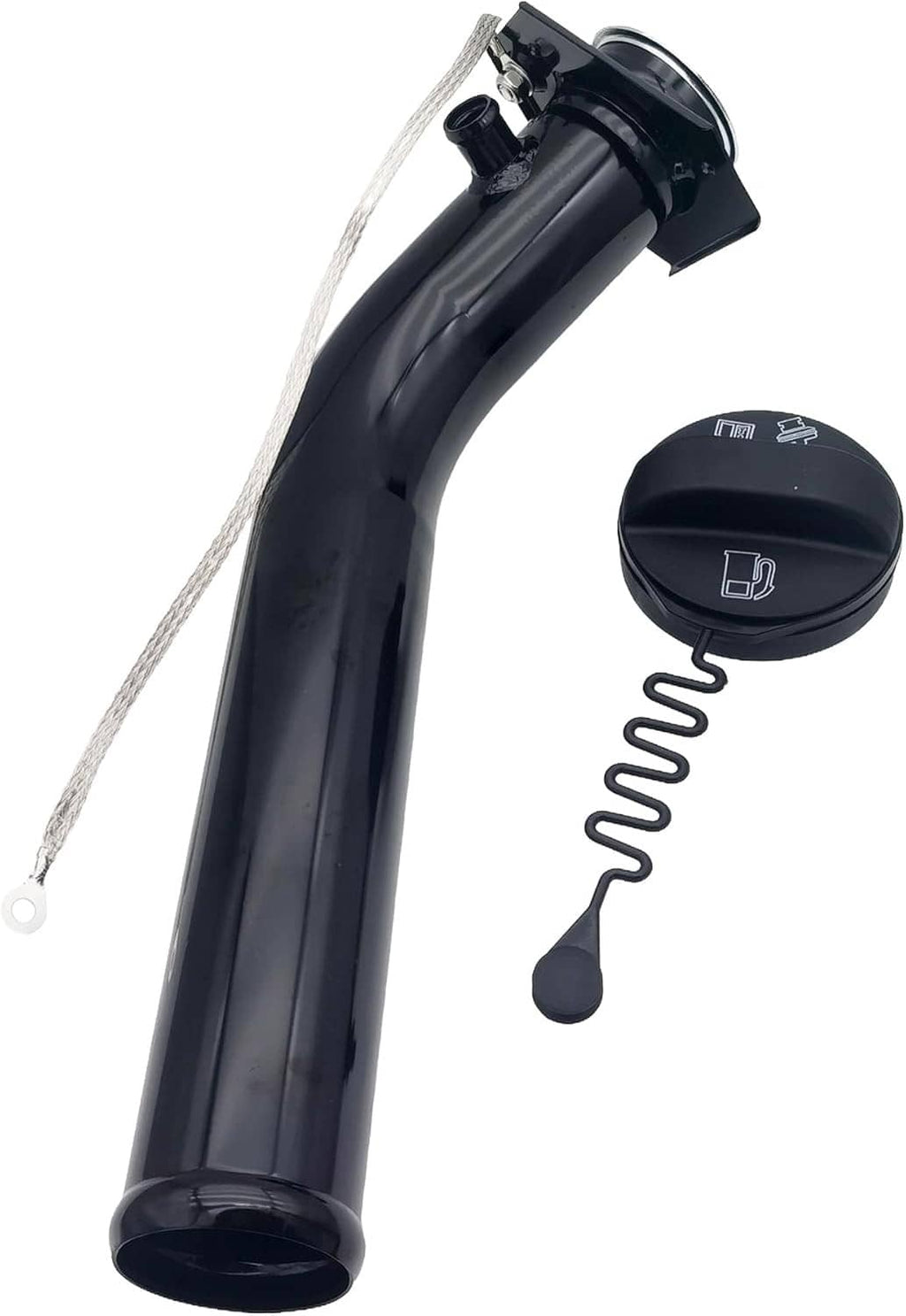 Black fuel tank filler neck pipe hose with cap, spring, and pull tether