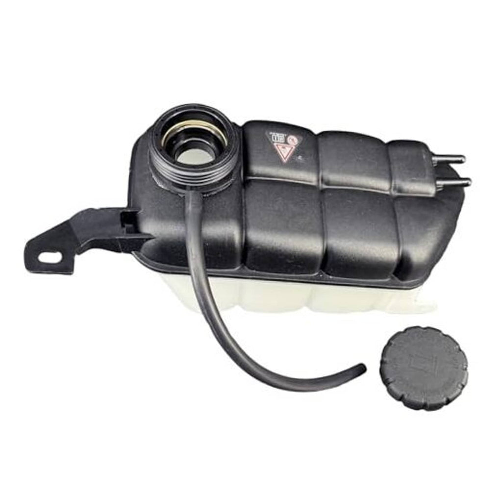 Coolant expansion tank with black reservoir, cap, and electrical connector