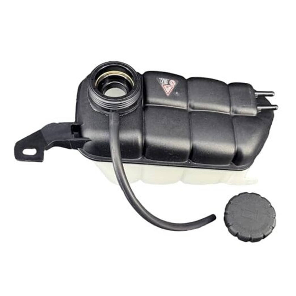 Coolant expansion tank with black reservoir, cap, and electrical connector