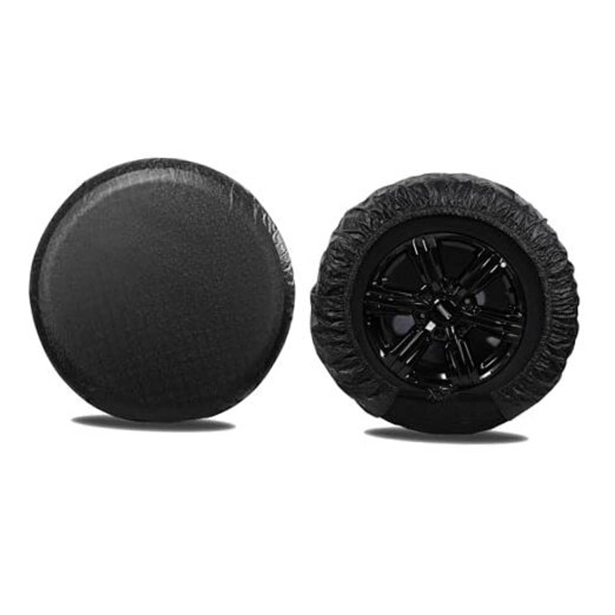 Set of 2 black RV wheel tire covers with textured fabric and elastic edge hem