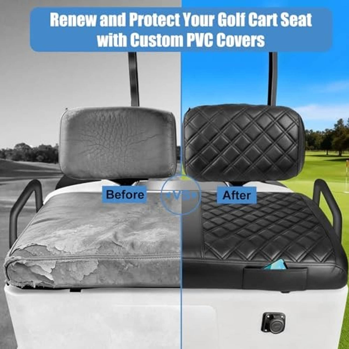 Black diamond quilt seat cover upgrade on a worn golf cart front seat