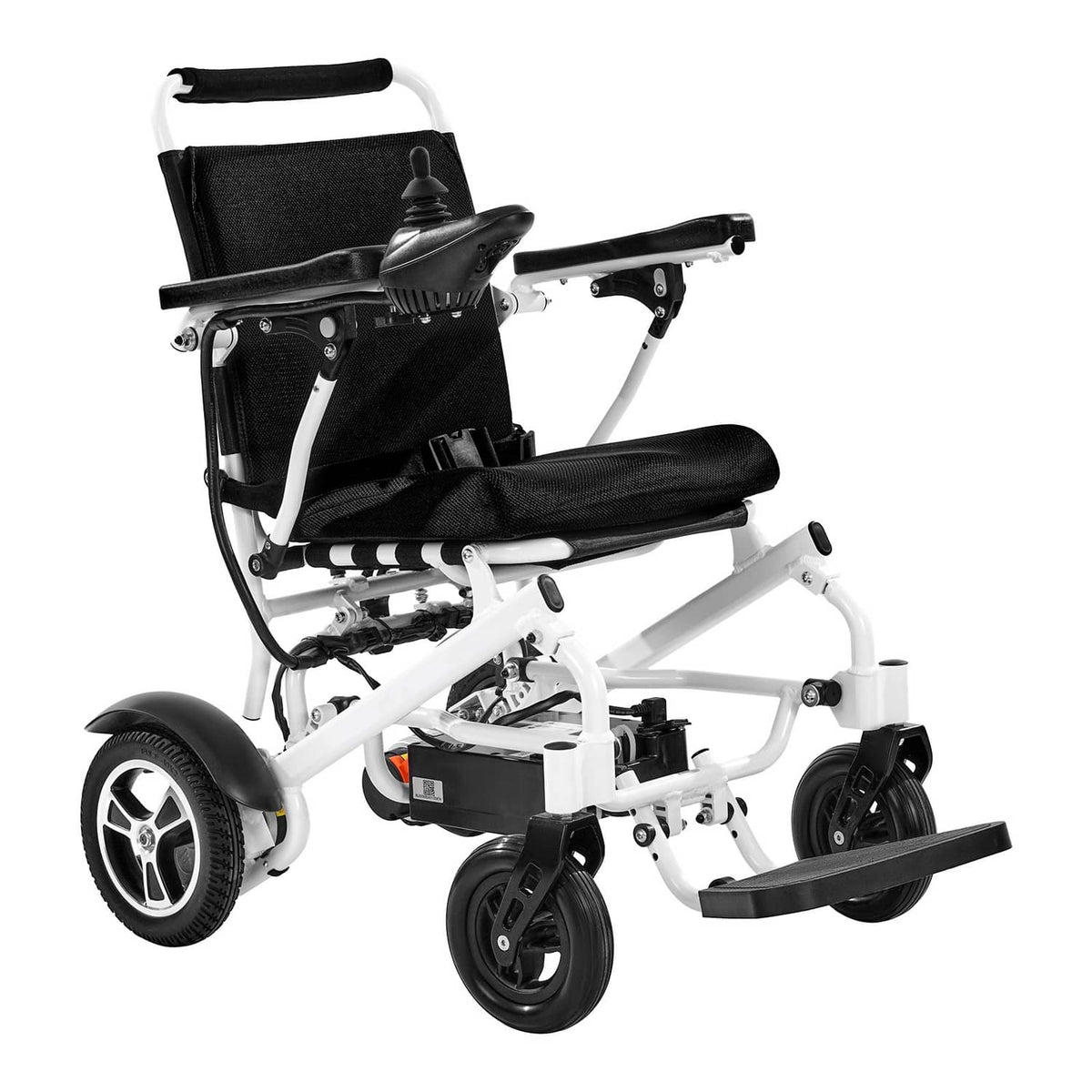 Foldable electric wheelchair in black fabric with armrests and front joystick controls.