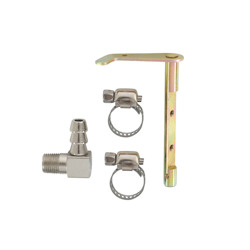 Fuel line fitting set with metal bracket, hose clamps, and inlet valve
