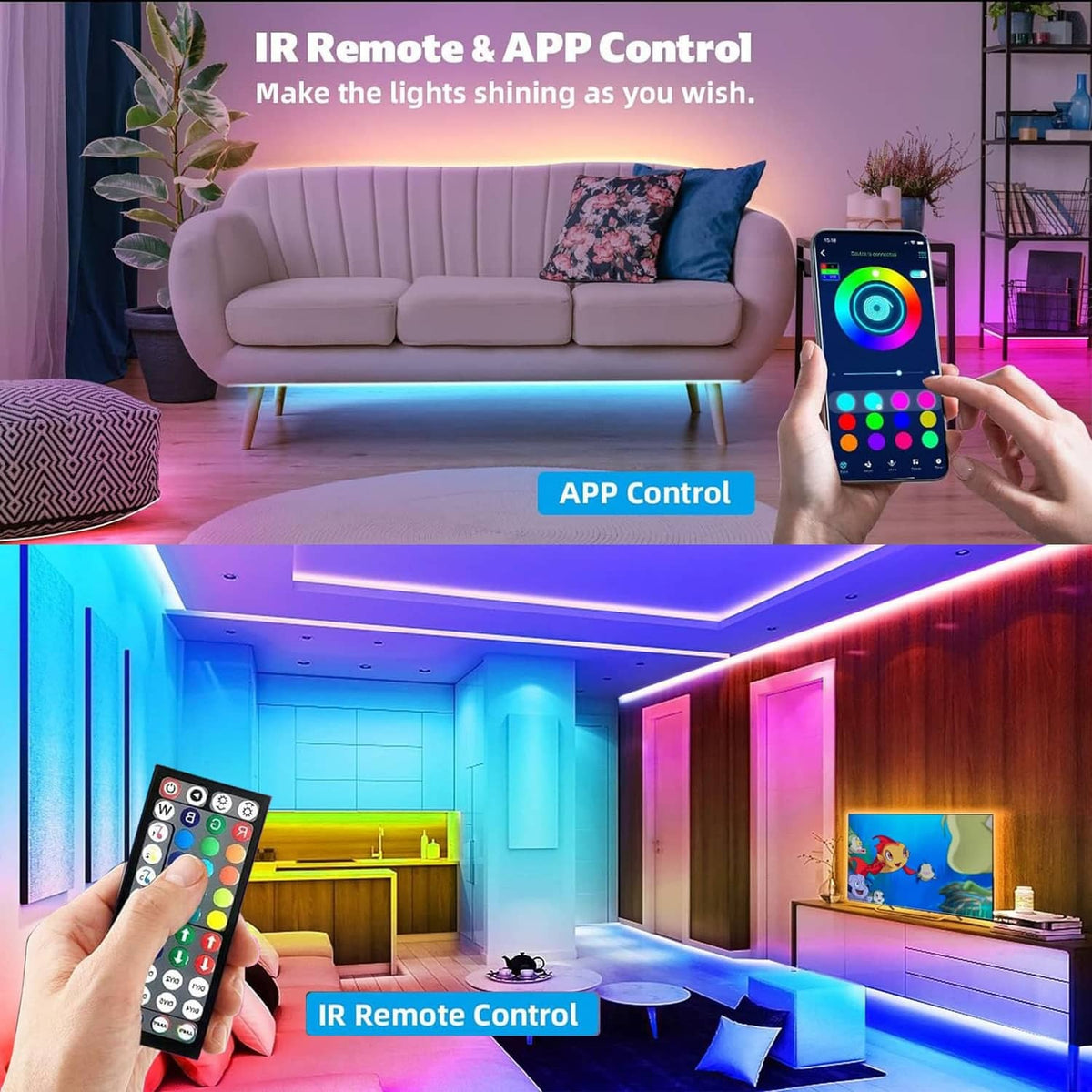 RGB LED strip lights controlled with app and IR remote for multicolor glow