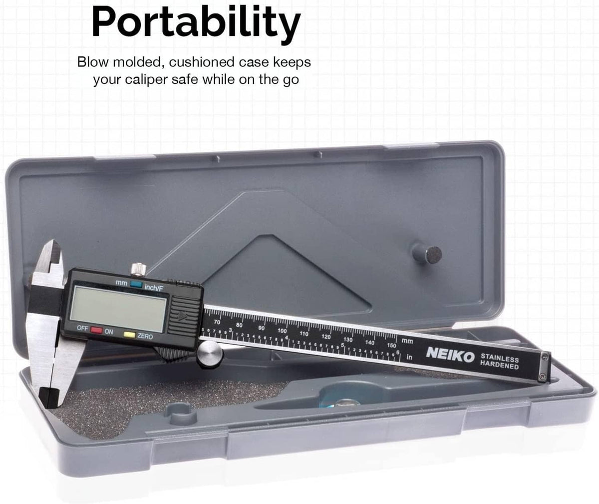 Digital caliper resting in open gray carrying case with black measurement body