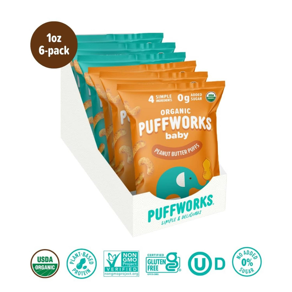 6-pack Organic Puffworks baby snack pouches in peanut butter and almond butter varieties